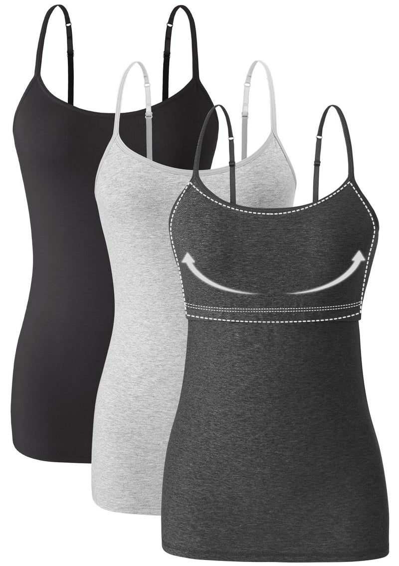 Orrpally Women Cotton Camisole Shelf Bra Cami Tank Tops Adjustable Spaghetti Strap Tank Top 3-Pack Black/Grey/Charcoal Heather S - Image 5