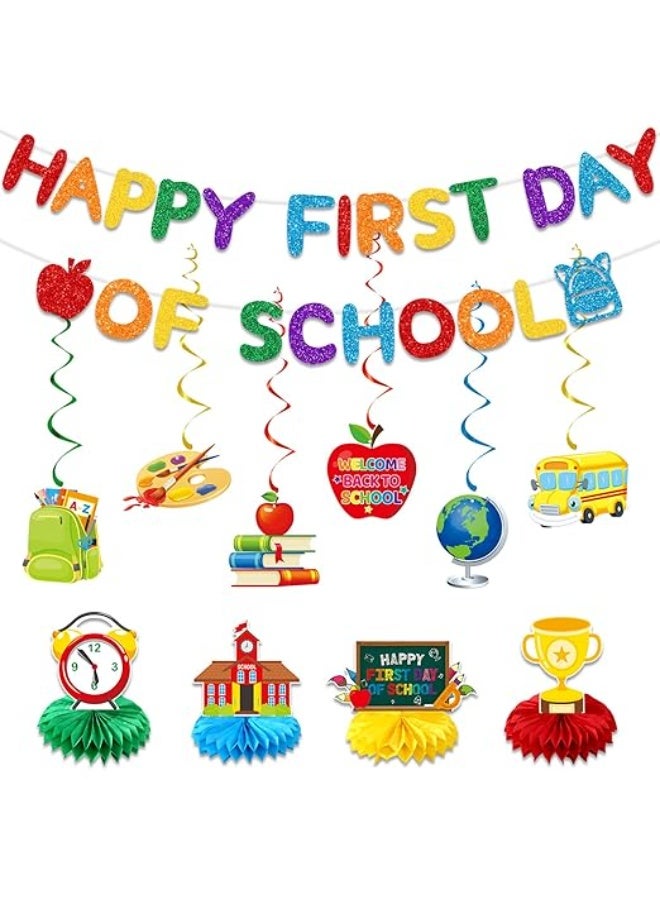 Glittery Happy First Day of School Banner Colorful Back to School Hanging Swril Decorations First Day of School Honeycomb Centerpieces Welcome Back to School Party Classroom Decorations