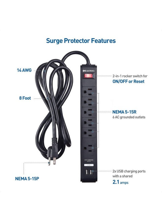 Cable Matters 2Pack 6Outlet Surge Protector Power Strip With Usb Ports 8 Ft Etl Listed Long Extension Cord Surge Protector With Usb Ports In Black  - Image 3