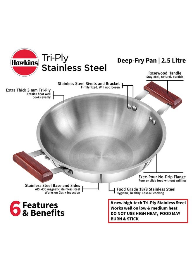 Hawkins مقلاة هوكينز 2.5 لتر عميقة، كاداي من الفولاذ المقاوم للصدأ ثلاثي الطبقات، كاداي قاع مسطح للطبخ بالحث، فضي (SSD25) - Image 3