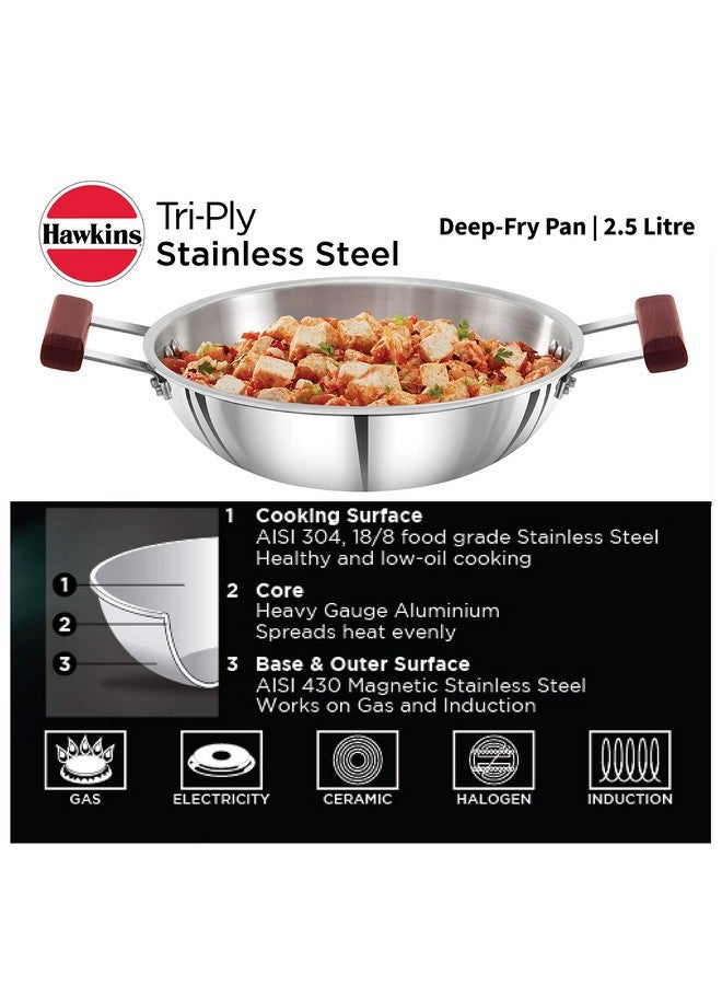 Hawkins مقلاة هوكينز 2.5 لتر عميقة، كاداي من الفولاذ المقاوم للصدأ ثلاثي الطبقات، كاداي قاع مسطح للطبخ بالحث، فضي (SSD25) - Image 2