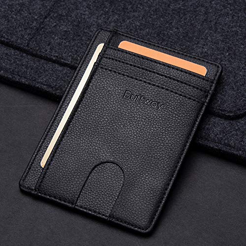 Buffway Slim Minimalist Front Pocket RFID Blocking Leather Wallets for Men and Women - Lichee Black - Image 4