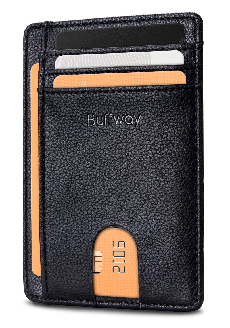 Buffway Slim Minimalist Front Pocket RFID Blocking Leather Wallets for Men and Women - Lichee Black - Image 1