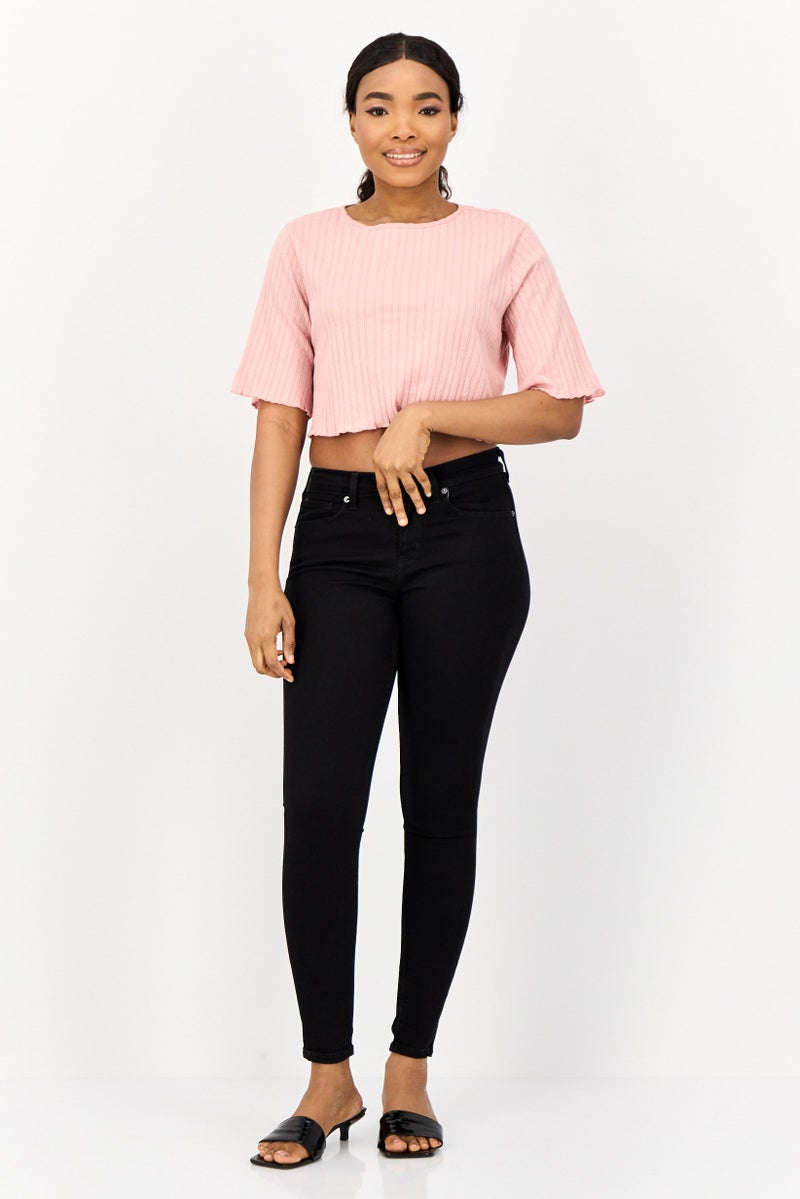 ONLY بلوزة نسائية بياقة دائرية بأكمام قصيرة بتصميم منقوش، وردي - Image 3