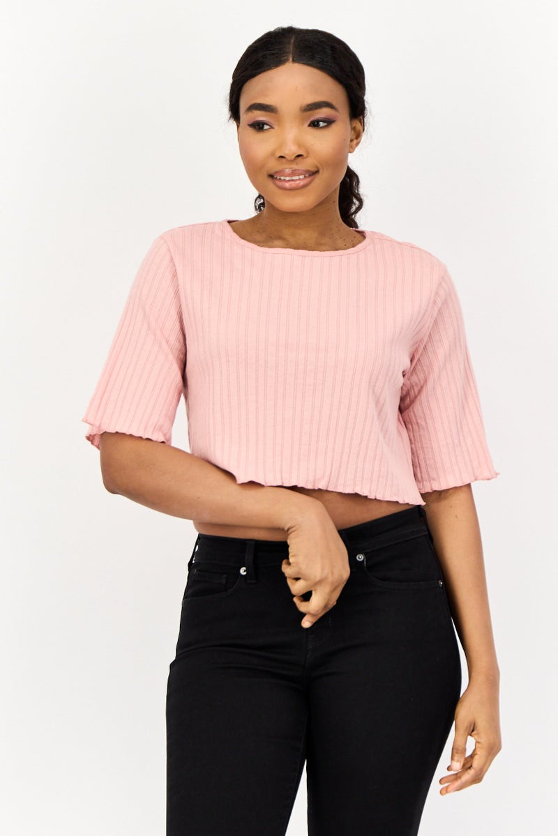 ONLY بلوزة نسائية بياقة دائرية بأكمام قصيرة بتصميم منقوش، وردي - Image 1