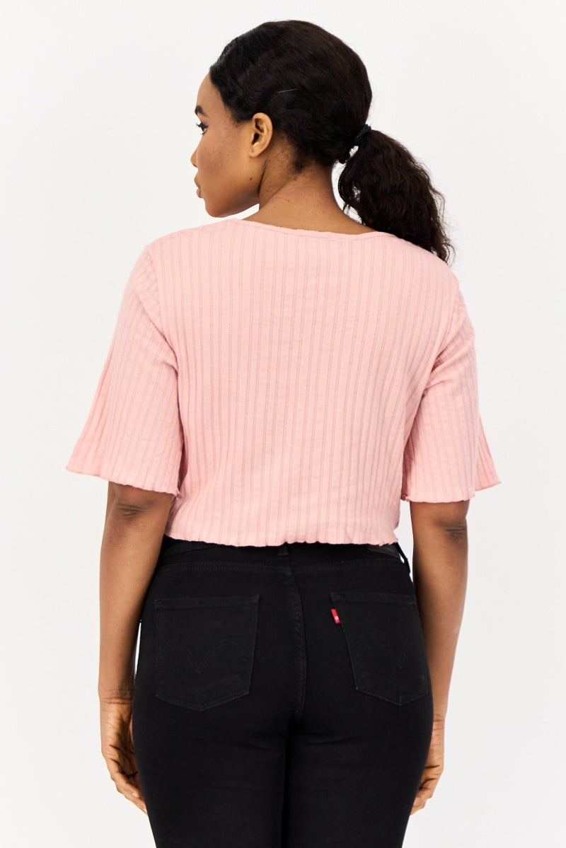 ONLY بلوزة نسائية بياقة دائرية بأكمام قصيرة بتصميم منقوش، وردي - Image 2