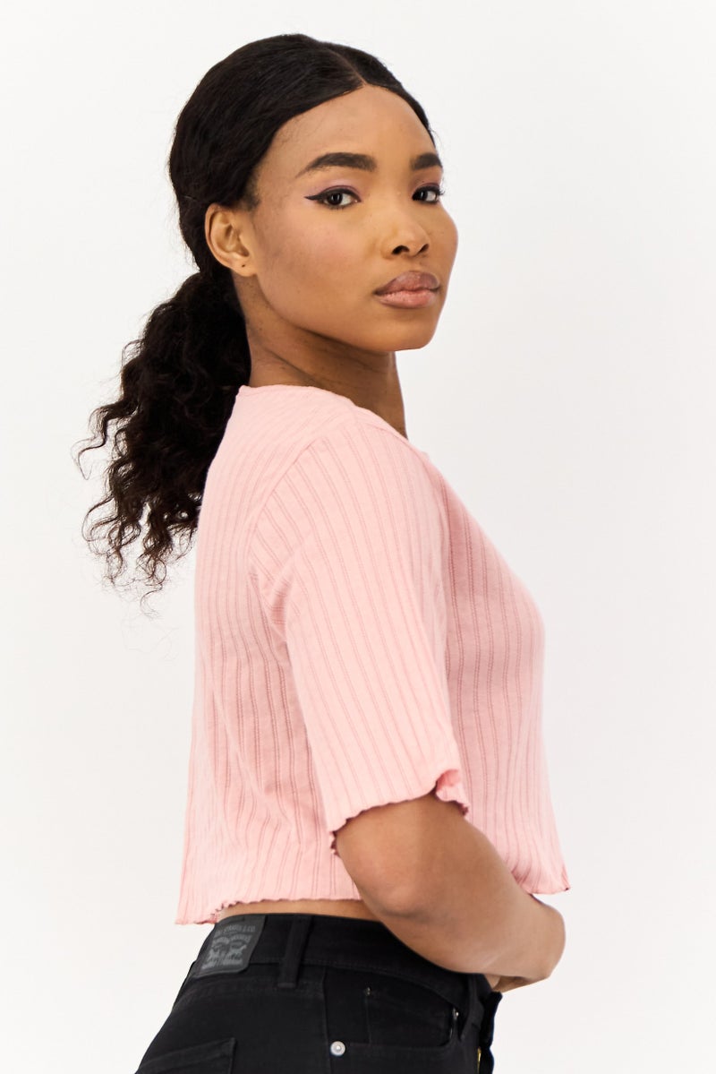 ONLY بلوزة نسائية بياقة دائرية بأكمام قصيرة بتصميم منقوش، وردي - Image 4