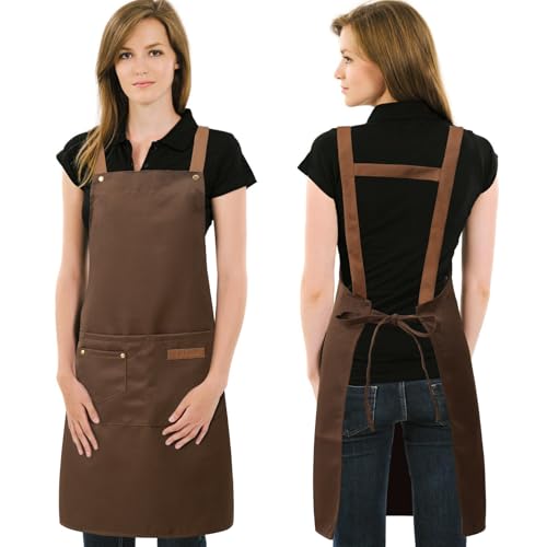 DILLMAN Art Aprons for Men Women Painting Pottery Baking, H Back Straps Waterdrop Kitchen Chef Cooking Apron with Pockets (Brown) - Image 1