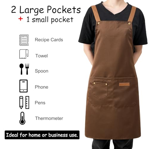 DILLMAN Art Aprons for Men Women Painting Pottery Baking, H Back Straps Waterdrop Kitchen Chef Cooking Apron with Pockets (Brown) - Image 5