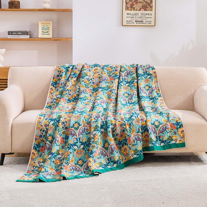 XIBLC Boho Blanket Throw Quilt, 100% Cotton Soft Light Weight Throw Blankets for Summer, 50"x60" Farmhouse Flower Decorative Blankets, All Season Rustic Reversible Bohemian Throw Quilt - Image 3