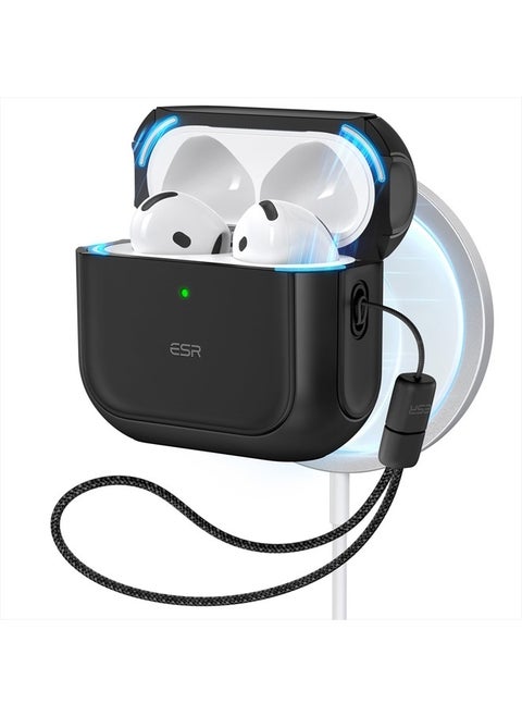 for AirPods 4 Case, Compatible with AirPods 4th Generation Case (2024) (USB-C), Compatible with MagSafe, Drop Protection Cover with Lanyard, Magnetic Lid Lock, Orbit Hybrid Case, Black