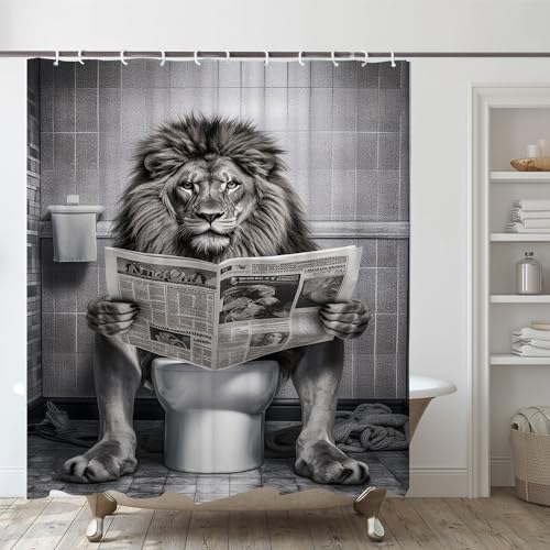 LKFBSC Funny Lion Shower Curtain, Fancy Humor Leo Animal on Toilet Shower Curtains Set, Black and White Funky Shower Curtains, Large Cat Man Grey Bathroom Curtain 72x72 inch - Image 5