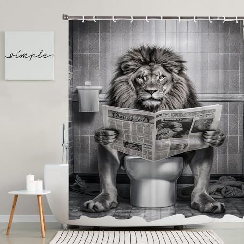 LKFBSC Funny Lion Shower Curtain, Fancy Humor Leo Animal on Toilet Shower Curtains Set, Black and White Funky Shower Curtains, Large Cat Man Grey Bathroom Curtain 72x72 inch - Image 4