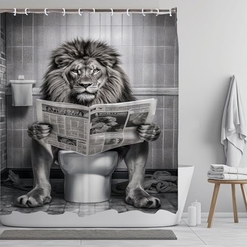 LKFBSC Funny Lion Shower Curtain, Fancy Humor Leo Animal on Toilet Shower Curtains Set, Black and White Funky Shower Curtains, Large Cat Man Grey Bathroom Curtain 72x72 inch - Image 2