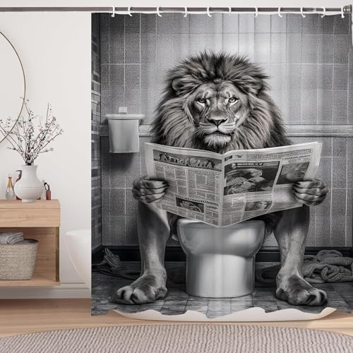 LKFBSC Funny Lion Shower Curtain, Fancy Humor Leo Animal on Toilet Shower Curtains Set, Black and White Funky Shower Curtains, Large Cat Man Grey Bathroom Curtain 72x72 inch - Image 1