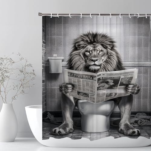 LKFBSC Funny Lion Shower Curtain, Fancy Humor Leo Animal on Toilet Shower Curtains Set, Black and White Funky Shower Curtains, Large Cat Man Grey Bathroom Curtain 72x72 inch - Image 3