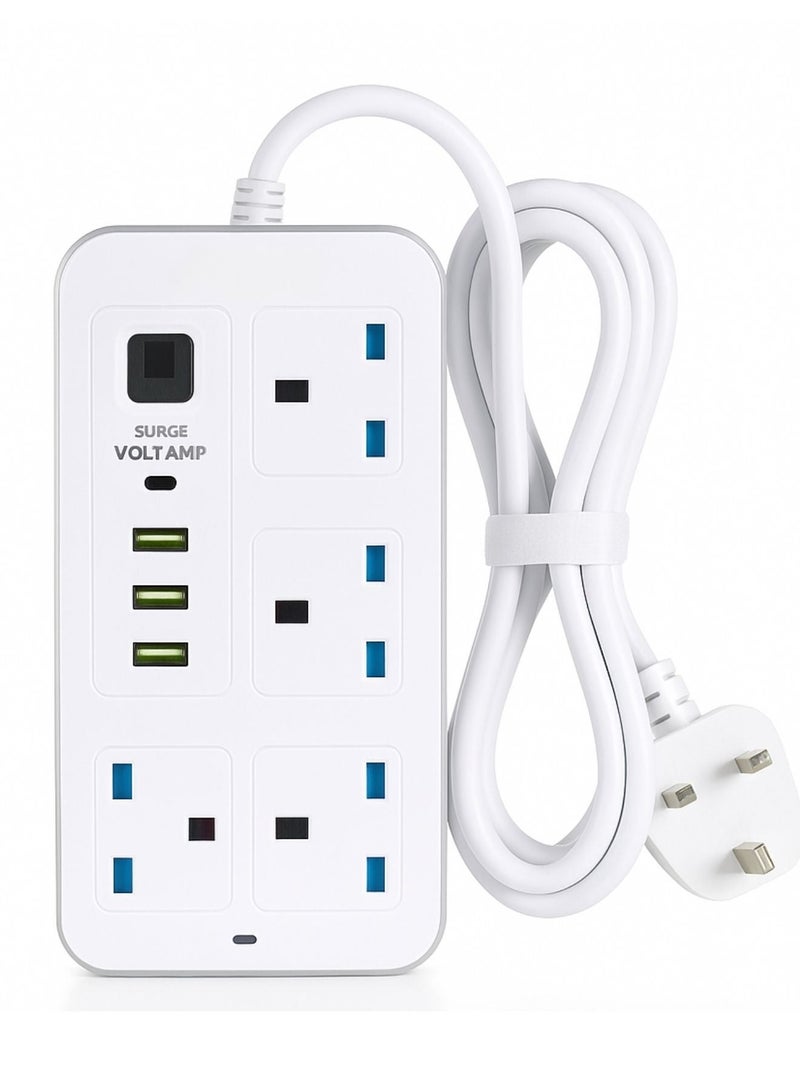 8-in-1 Power Socket Extension Plug – 2000W Power Strip Extension with 4 AC Outlets + 3 USB + 1 PD Type-C | 3.4A Auto-ID Charging | Anti-Static Protection | 3M Extension Cord – White | Includes Anti-Static Protection & 3000mm Heavy-Duty Cable for Safe, Efficient Charging - Image 1