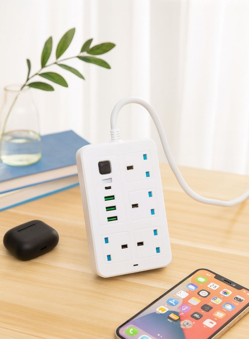 8-in-1 Power Socket Extension Plug – 2000W Power Strip Extension with 4 AC Outlets + 3 USB + 1 PD Type-C | 3.4A Auto-ID Charging | Anti-Static Protection | 3M Extension Cord – White | Includes Anti-Static Protection & 3000mm Heavy-Duty Cable for Safe, Efficient Charging - Image 4