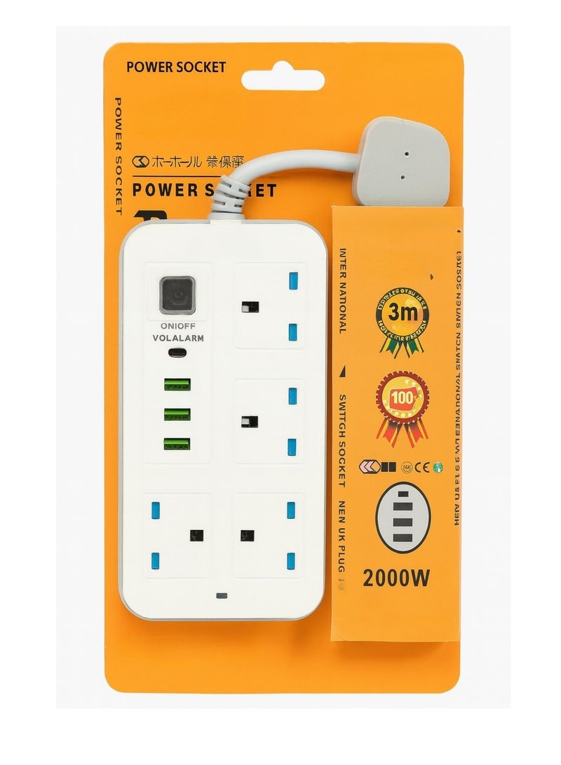8-in-1 Power Socket Extension Plug – 2000W Power Strip Extension with 4 AC Outlets + 3 USB + 1 PD Type-C | 3.4A Auto-ID Charging | Anti-Static Protection | 3M Extension Cord – White | Includes Anti-Static Protection & 3000mm Heavy-Duty Cable for Safe, Efficient Charging - Image 2