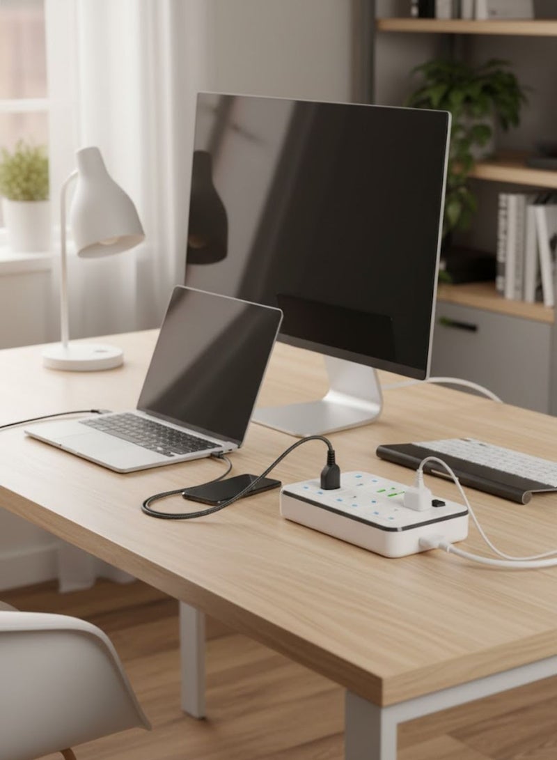 8-in-1 Power Socket Extension Plug – 2000W Power Strip Extension with 4 AC Outlets + 3 USB + 1 PD Type-C | 3.4A Auto-ID Charging | Anti-Static Protection | 3M Extension Cord – White | Includes Anti-Static Protection & 3000mm Heavy-Duty Cable for Safe, Efficient Charging - Image 3