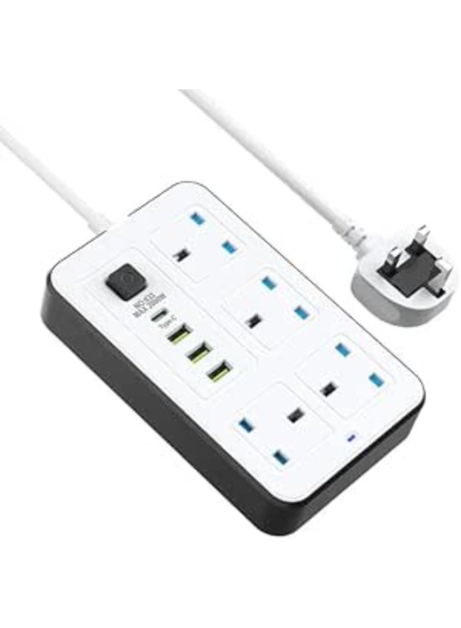 8-in-1 Power Socket Extension Plug – 2000W Power Strip Extension with 4 AC Outlets + 3 USB + 1 PD Type-C | 3.4A Auto-ID Charging | Anti-Static Protection | 3M Extension Cord – White | Includes Anti-Static Protection & 3000mm Heavy-Duty Cable for Safe, Efficient Charging - Image 1
