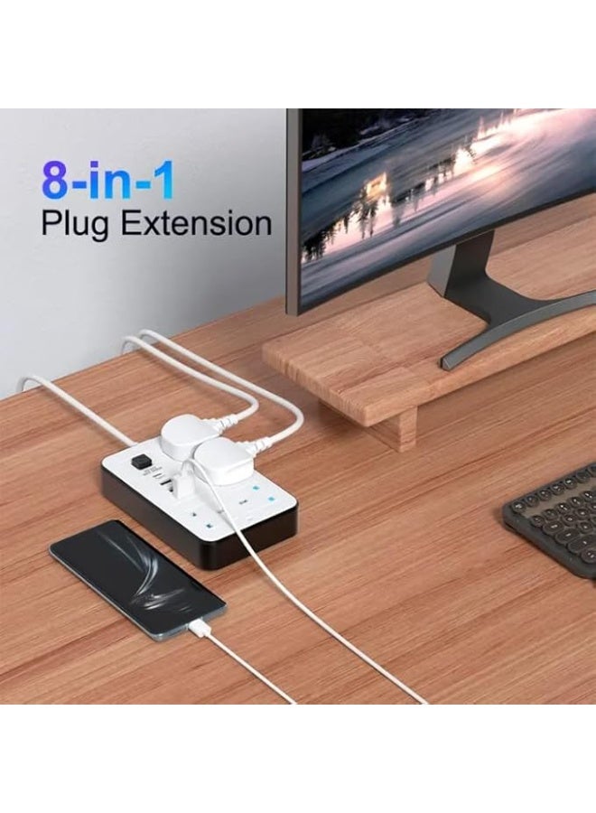 8-in-1 Power Socket Extension Plug – 2000W Power Strip Extension with 4 AC Outlets + 3 USB + 1 PD Type-C | 3.4A Auto-ID Charging | Anti-Static Protection | 3M Extension Cord – White | Includes Anti-Static Protection & 3000mm Heavy-Duty Cable for Safe, Efficient Charging - Image 2