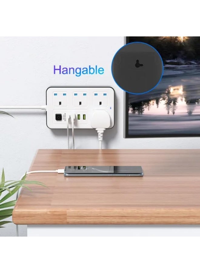 8-in-1 Power Socket Extension Plug – 2000W Power Strip Extension with 4 AC Outlets + 3 USB + 1 PD Type-C | 3.4A Auto-ID Charging | Anti-Static Protection | 3M Extension Cord – White | Includes Anti-Static Protection & 3000mm Heavy-Duty Cable for Safe, Efficient Charging - Image 4