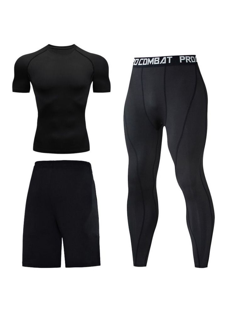 NIBEMINENT 3-Piece Running Fitness Suit, Tight Short Sleeves, Pants, Sports Shorts  - Image 1