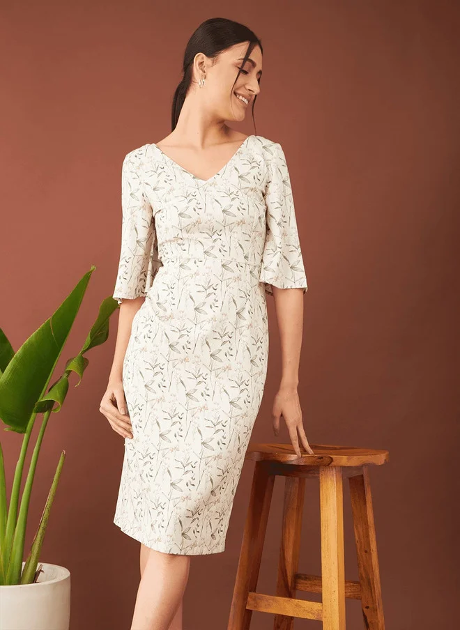 Salt Attire  SALT ATTIRE Floral Print V-Neck Flared Sleeve Sheath Dress for Women | Best Price UAE
