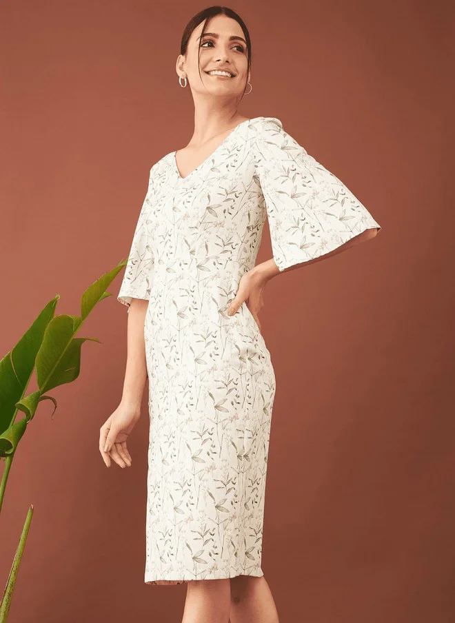 Salt Attire  SALT ATTIRE Floral Print V-Neck Flared Sleeve Sheath Dress for Women | Best Price UAE
