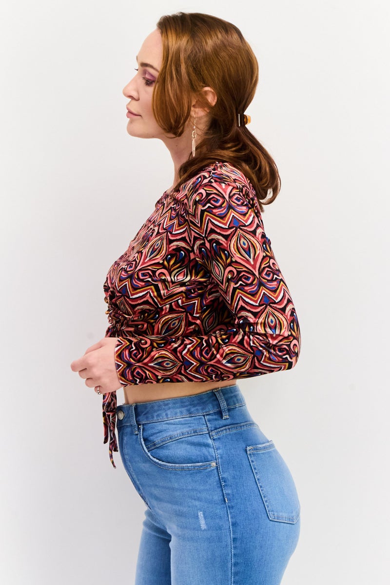 Sinsay Women Round Neck Long Sleeve Allover Print Crop Top, Red Combo  - Image 3