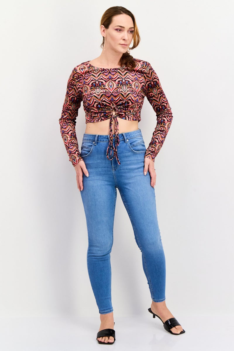 Sinsay Women Round Neck Long Sleeve Allover Print Crop Top, Red Combo  - Image 4