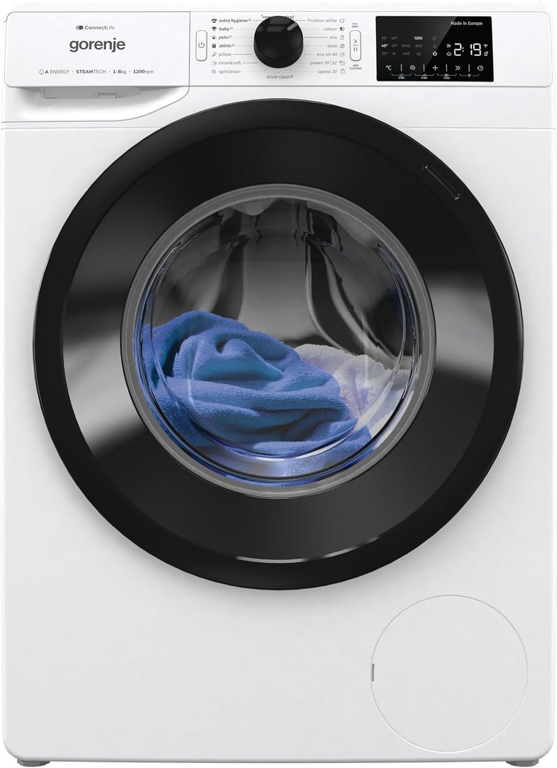 Gorenje WPNEI82A1SWIFI 8Kg Front Load Washing Machine – WiFi Smart Control, 1200 RPM, Inverter Motor, SteamTech, Quick & Power Wash, White WPNEI82A1SWIFI white