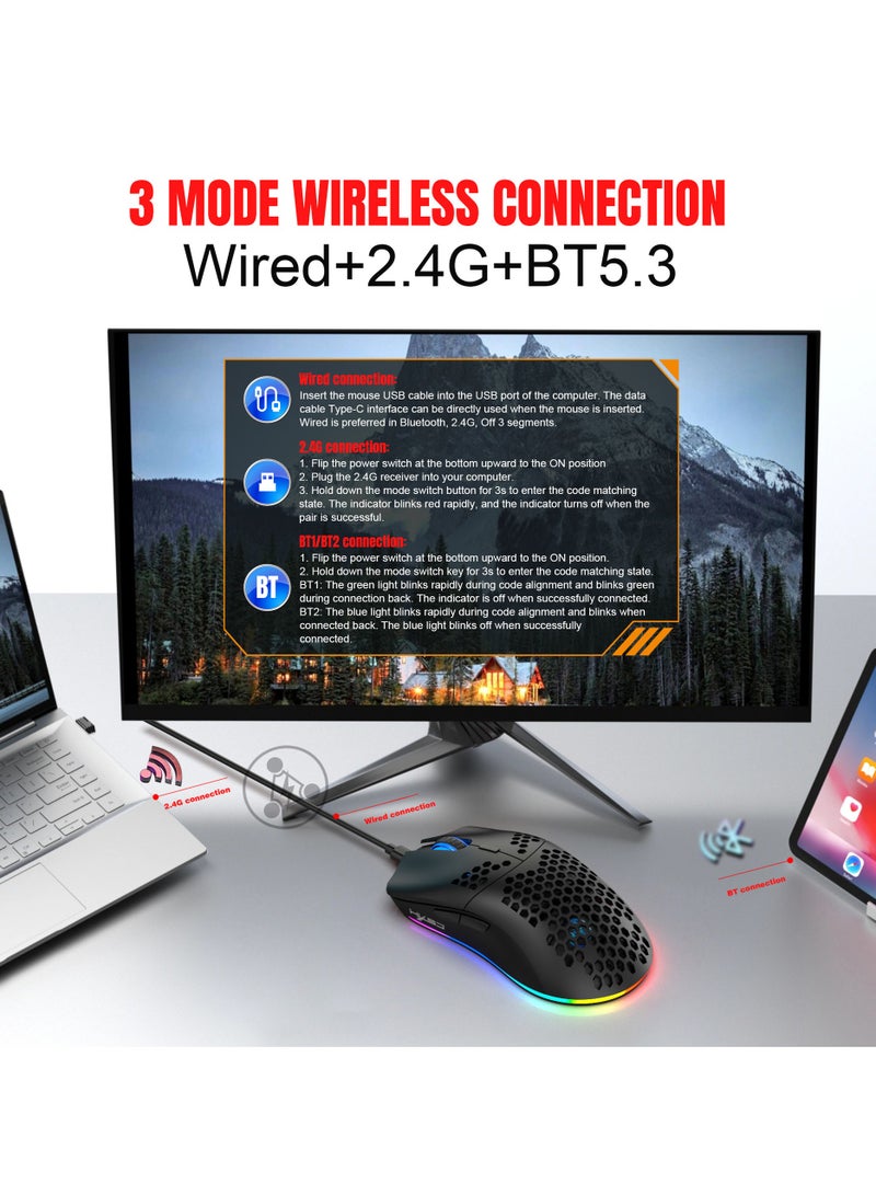 Wireless/Wired/Bluetooth 5.3 Gaming Mouse | 2.4G Connection, 3600 DPI Rechargeable Honeycomb Design - Image 2