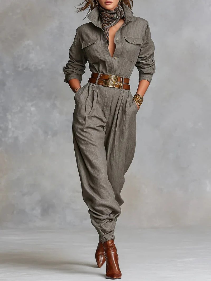 2025 Export Women'S Clothing Independent Station Cotton And Linen Long-Sleeved Flap Pocket Pants Button Decorative Shirt Jumpsuit - Image 1