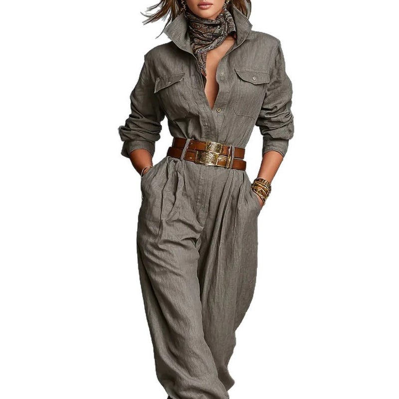 2025 Export Women'S Clothing Independent Station Cotton And Linen Long-Sleeved Flap Pocket Pants Button Decorative Shirt Jumpsuit - Image 4