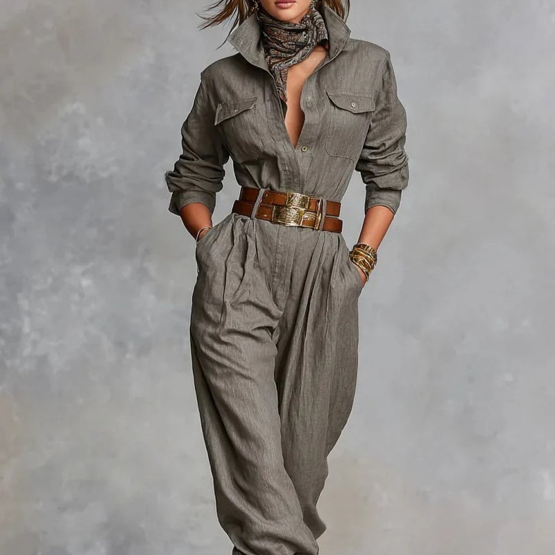 2025 Export Women'S Clothing Independent Station Cotton And Linen Long-Sleeved Flap Pocket Pants Button Decorative Shirt Jumpsuit - Image 2