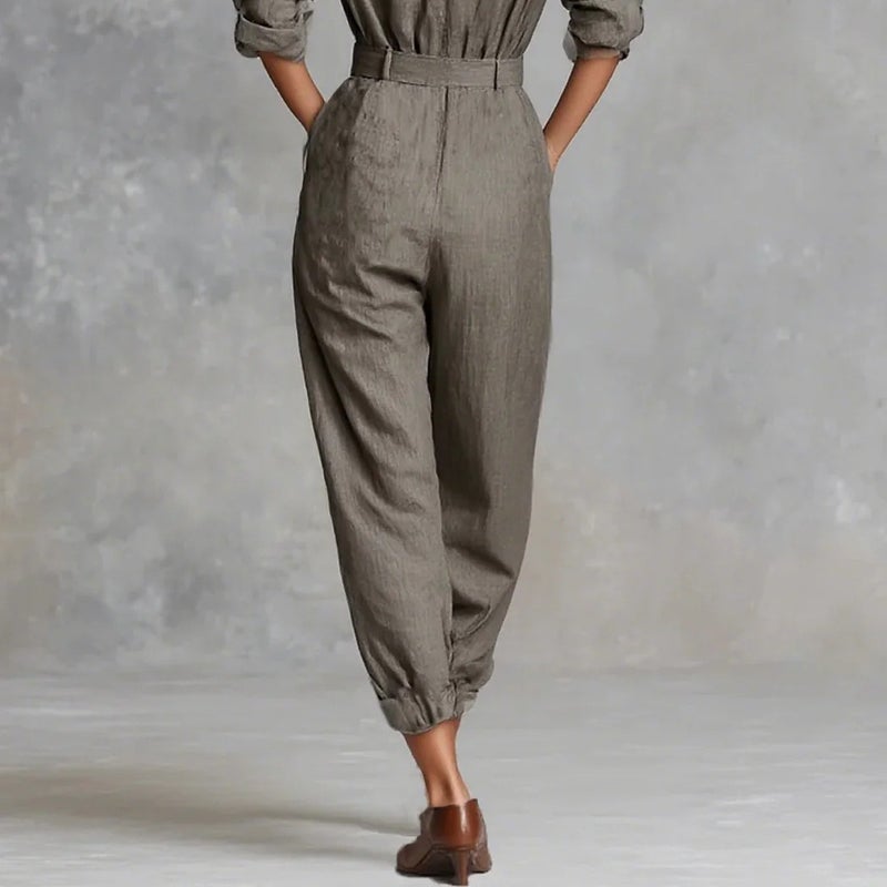 2025 Export Women'S Clothing Independent Station Cotton And Linen Long-Sleeved Flap Pocket Pants Button Decorative Shirt Jumpsuit - Image 3