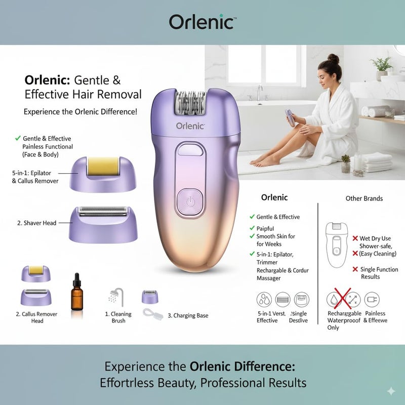Orlenic 3-in-1 Women’s Electric Razor Hair Removal Device USB Rechargeable Epilator with LED Display, Removable Stainless Steel Blades, Multi-Functional Shaver for Legs, Arms, Face, and Body - Image 4