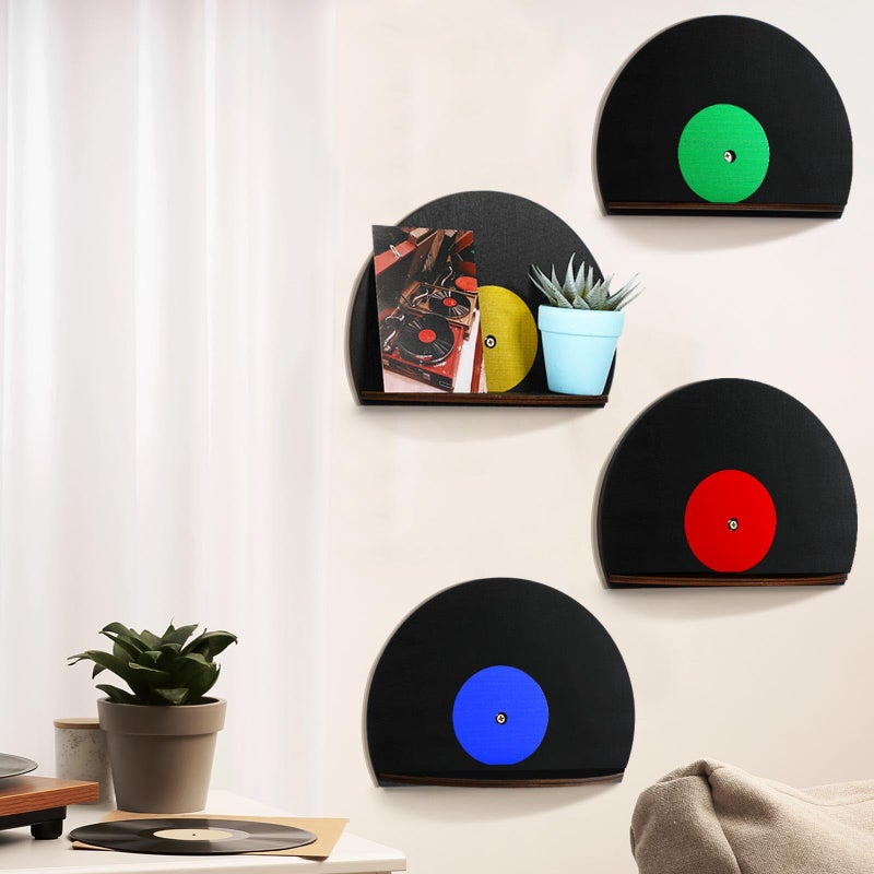 Threehoney 4 Pcs Vinyl Record Shelf Wall Mount Vinyl Record Wall Shelves Record Wall Decor Vinyl Shelf CD Record Shape Shelf Record Wall Hanging Sign Music Theme Home Decoration for Room Party Decor - Image 1