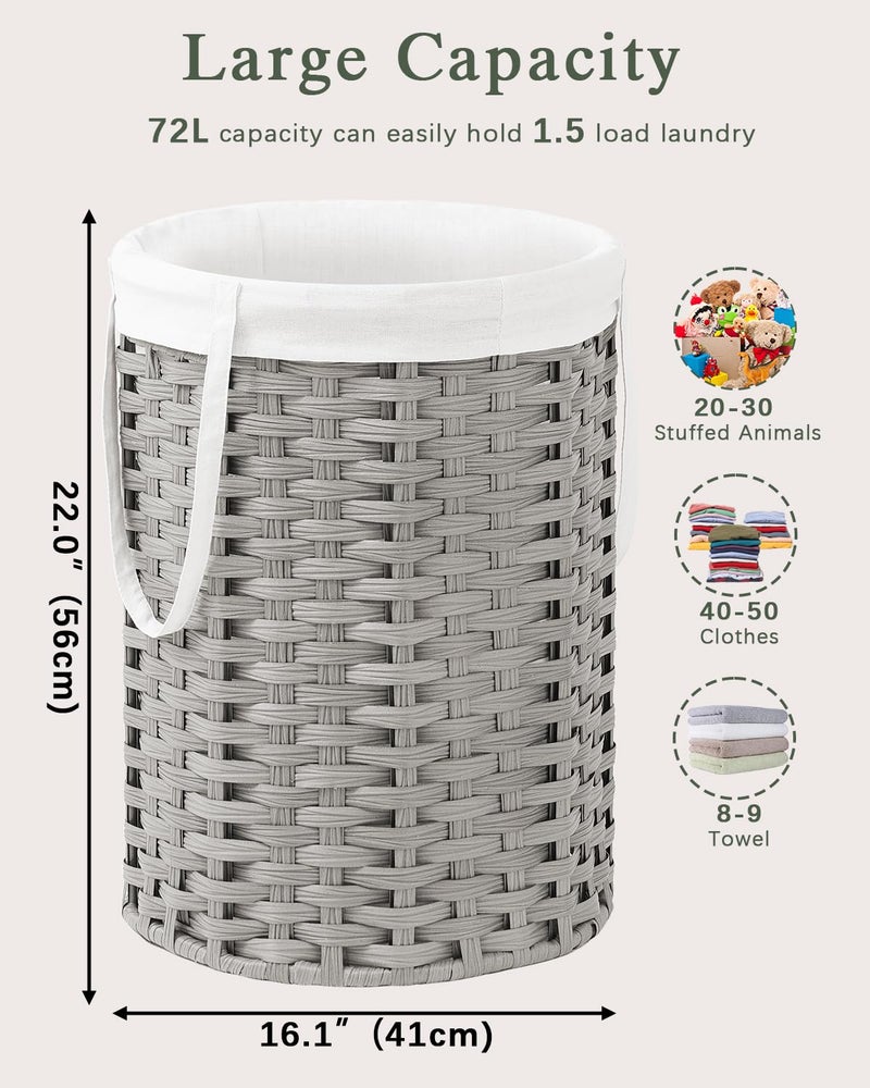 SETVSON Laundry Hamper Laundry Basket Round 19.0 Gal (72 L) Handwoven Rattan Hamper, Large Wicker Laundry Hamper with Removable Laundry Bag Handles 2 Mesh Bags for Bathroom Living Room Gray (No Lid) - Image 5