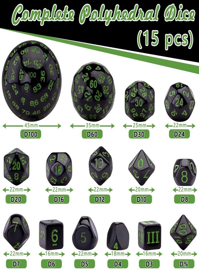AUSTOR 15 Pieces Complete Polyhedral Dice Set D3-D100 Game Dice Set with a Leather Drawstring Storage Bag for Role Playing Table Games(Black & Green) - Image 2
