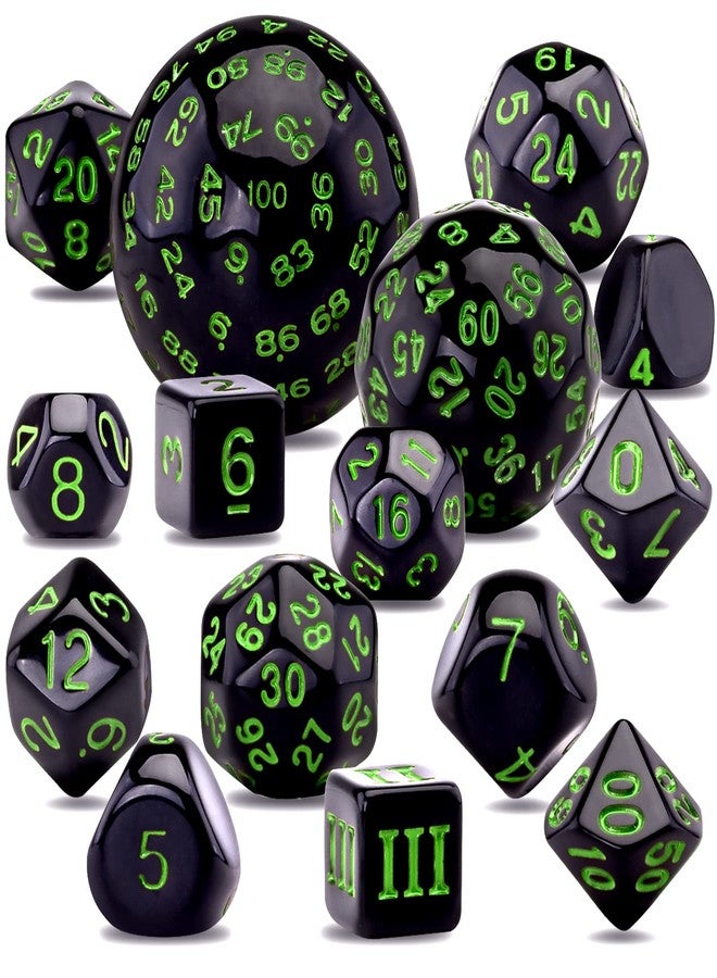 AUSTOR 15 Pieces Complete Polyhedral Dice Set D3-D100 Game Dice Set with a Leather Drawstring Storage Bag for Role Playing Table Games(Black & Green) - Image 1