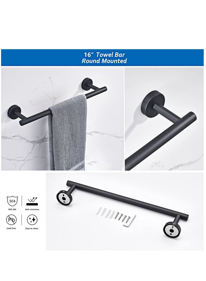 SYOSI 6 PCS Bathroom Hardware Set Matte Black Stainless Steel Bathroom Accessories Towel Rack Set Round Wall Mounted Include 16inch Towel Bar Toilet Paper Holder Towel Ring 3 Robe Towel Hooks  - Image 2