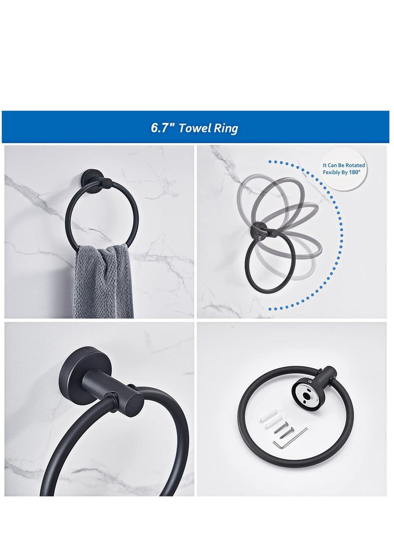 SYOSI 6 PCS Bathroom Hardware Set Matte Black Stainless Steel Bathroom Accessories Towel Rack Set Round Wall Mounted Include 16inch Towel Bar Toilet Paper Holder Towel Ring 3 Robe Towel Hooks  - Image 4