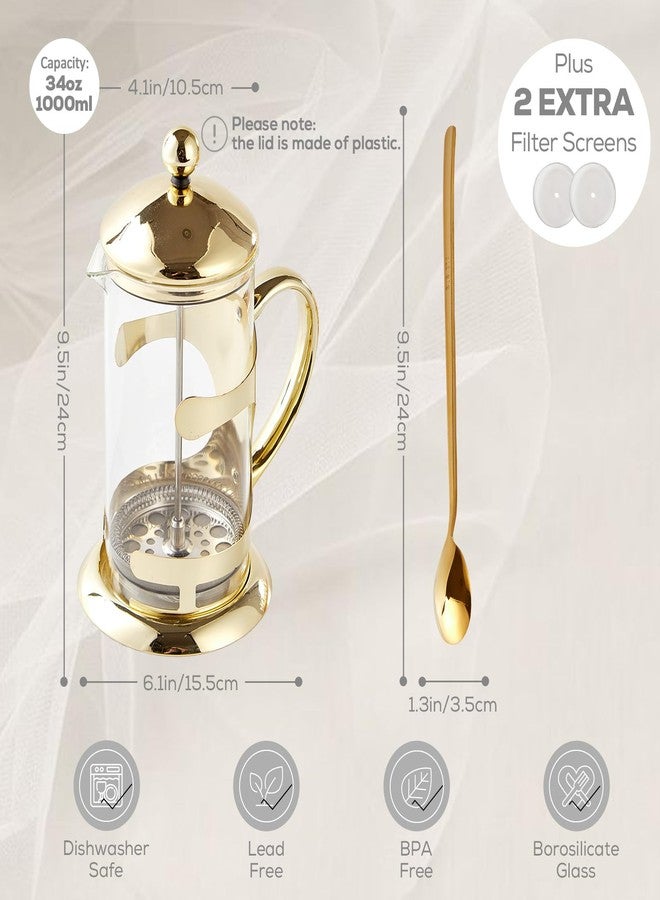 DUJUST Gold French Press Coffee Maker, Luxury Design French Coffee Press with 4-Level Filter System, High-Grade Glass for Hot & Cold Resistance, Include Long Size 304 Stainless Steel Spoon - 34oz - Image 5