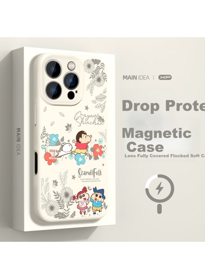 Xp Compatible Apple Iphone 15 Pro Full-coverage Lens Case Iphone 15 Pro Shockproof Magnetic Liquid Soft Silicone Crayon Shin-chan Protective Case - Antique White Shin-chan Spring Outing
