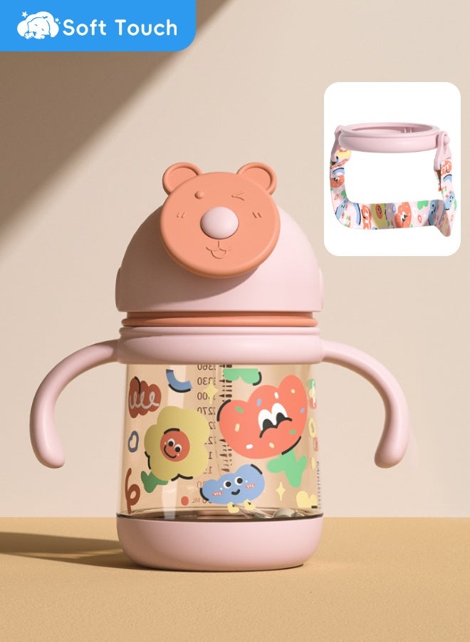 Soft Touch 360ml Baby Sippy Cup Toddler Straw Cup Spill-Proof Baby Water Bottle with Handle and Ajustable Belt Toddler Drinking Cup with Flip-Top Teether Design Baby Water Bottle for Toddler 12 Months+ (Red) - Image 1