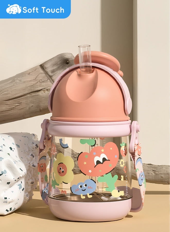 Soft Touch 360ml Baby Sippy Cup Toddler Straw Cup Spill-Proof Baby Water Bottle with Handle and Ajustable Belt Toddler Drinking Cup with Flip-Top Teether Design Baby Water Bottle for Toddler 12 Months+ (Red) - Image 2