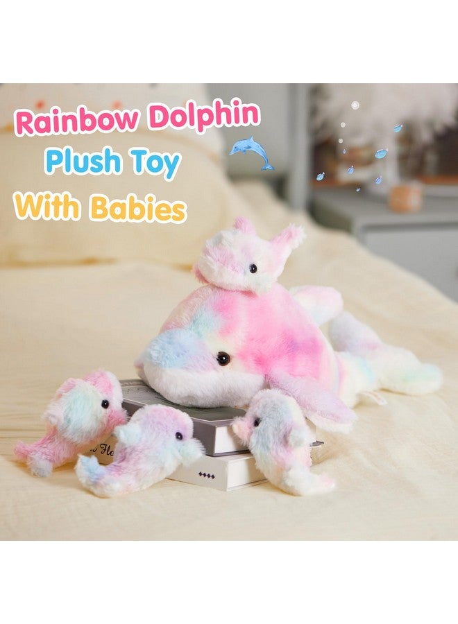 WEWILL 17-Inch Rainbow Dolphin Plush Toy With 4 Baby Dolphins | Soft & Cuddly Stuffed Family Set | Colorful Plush Gift for Kids - Image 2